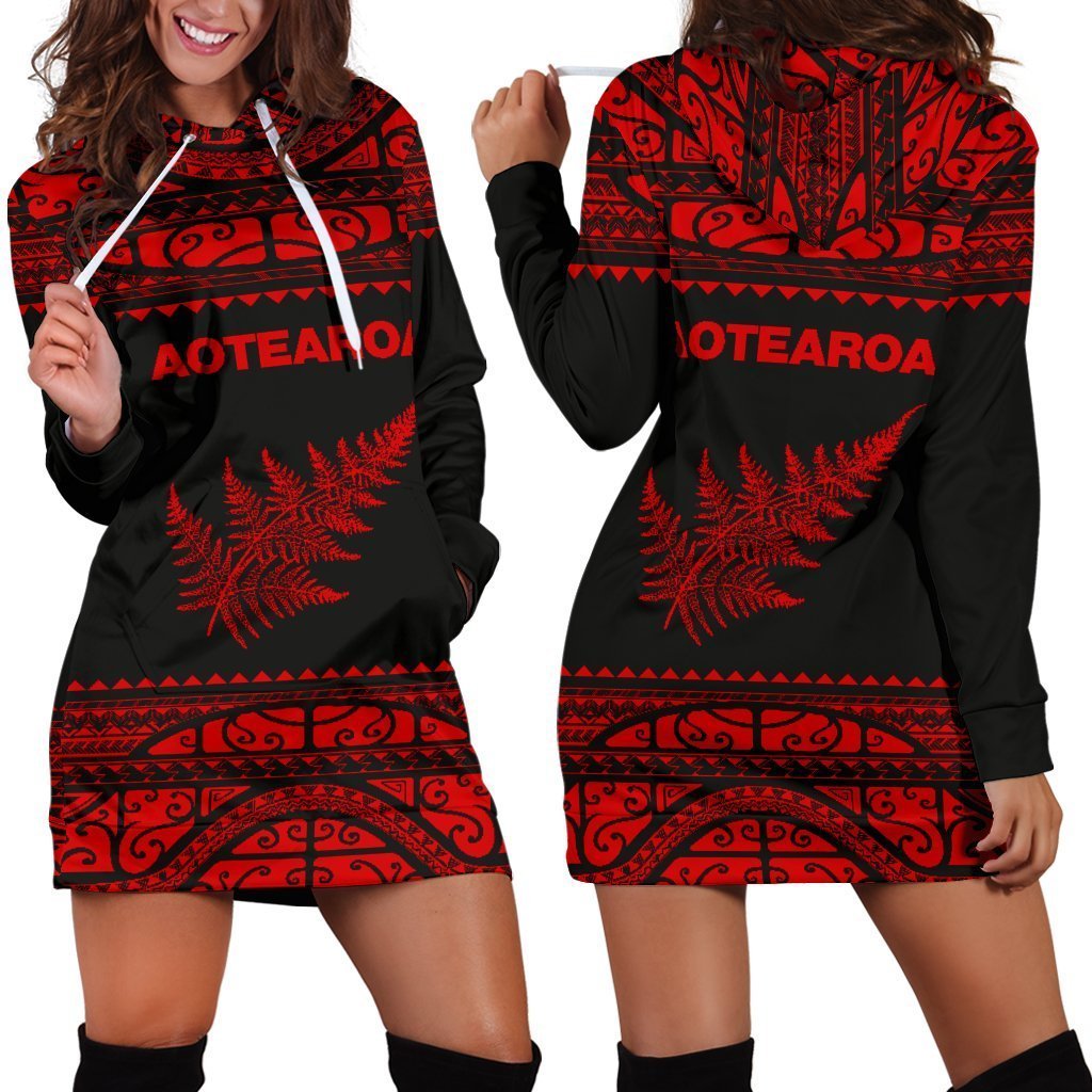 Aotearoa Silver Fern Hoodie Dress Red-Apparel-HD09-Hoodie Dress-S-Vibe Cosy™