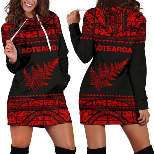 Aotearoa Silver Fern Hoodie Dress Red-Apparel-HD09-Hoodie Dress-S-Vibe Cosy™
