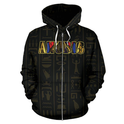 Egypt Zip-Up Hoodie - God Anubis-ALL OVER PRINT ZIP HOODIES-HPArt-Men-S-Black-Vibe Cosy™