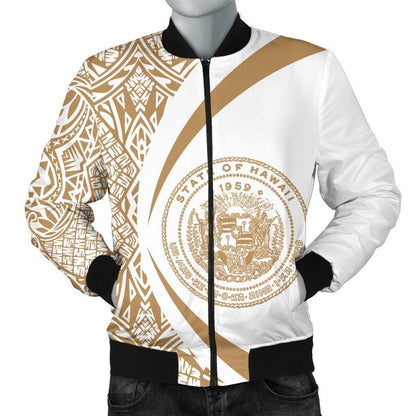 Hawaii Coat Of Arm Polynesian Men's Bomber Jacket - PL04-BOMBER JACKETS (P)-PL8386-Men's Bomber Jacket-S-White-Vibe Cosy™