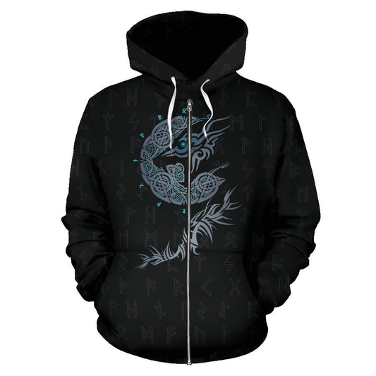 Viking Fenrir Wolf Zip-Up Hoodie-ALL OVER PRINT ZIP HOODIES (P)-HP Arts-Zip-Up Hoodie-S-Black-Vibe Cosy™