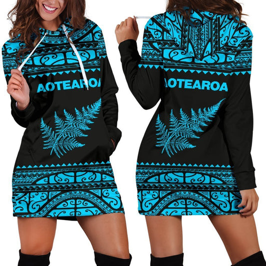 Aotearoa Silver Fern Hoodie Dress Blue-Apparel-HD09-Hoodie Dress-S-Vibe Cosy™