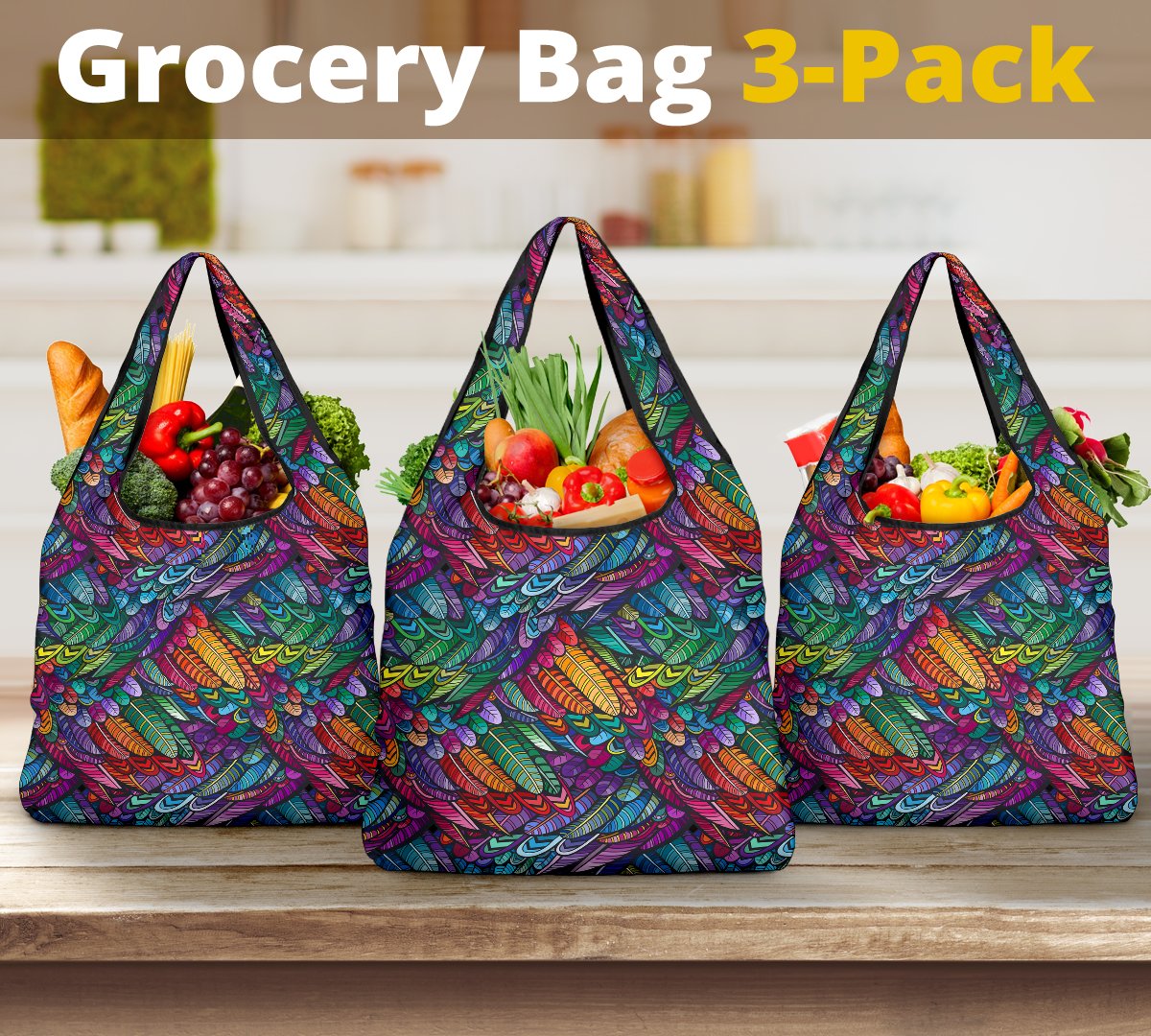Boho Feather Reusable Grocery Bags Set-Amaze Style™-Boho Feather Reusable Grocery Bags Set-Vibe Cosy™