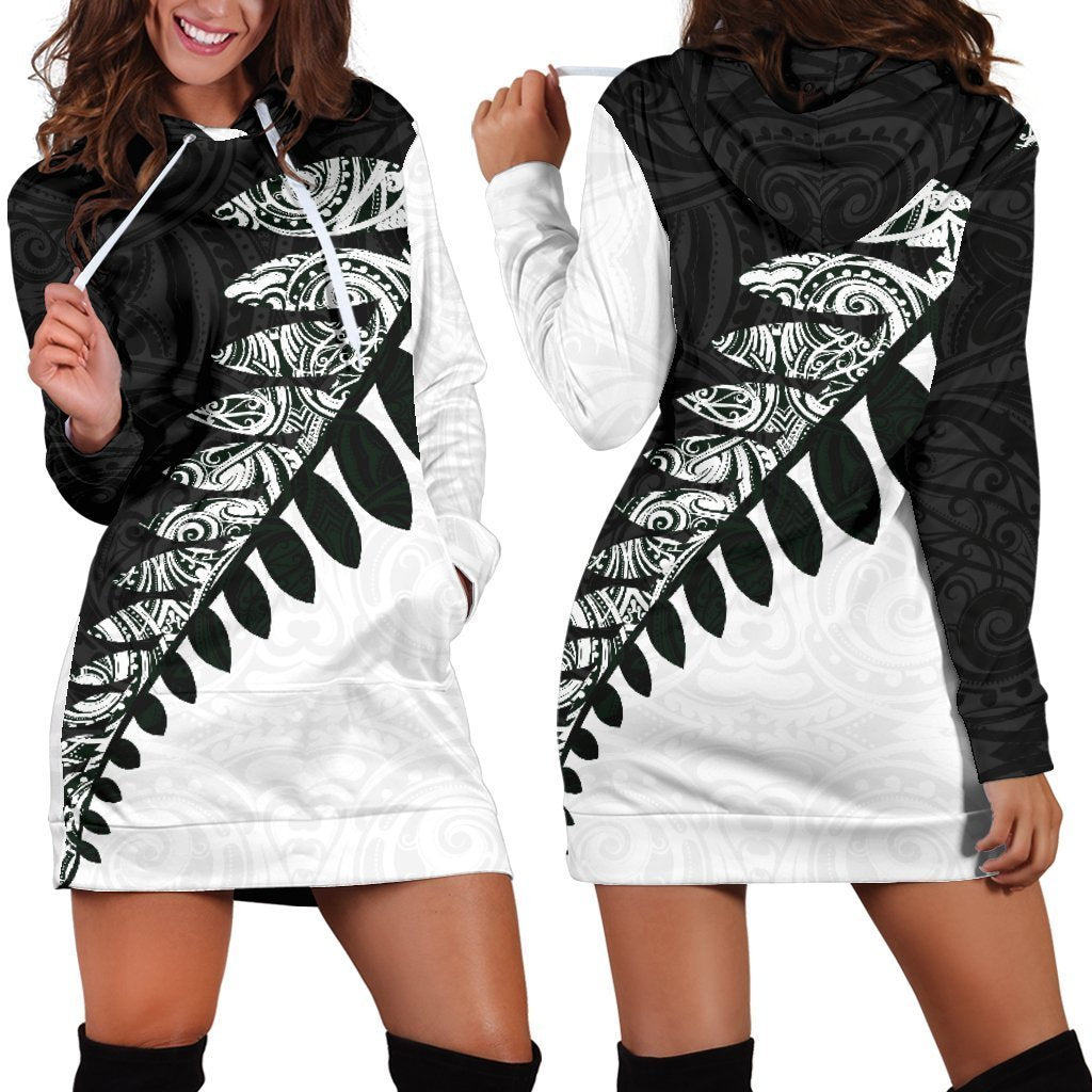New Zealand Silver Fern Hoodie Dress Black White K4-Apparel-HD09-Hoodie Dress-S-Vibe Cosy™