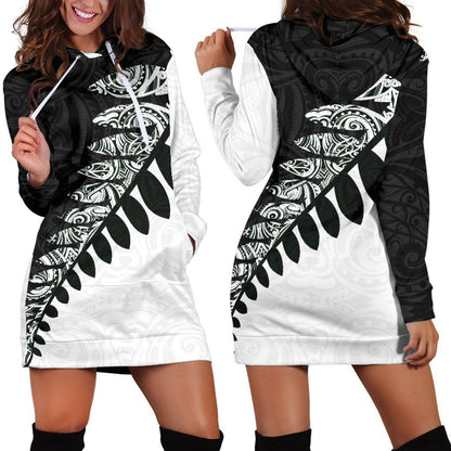 New Zealand Silver Fern Hoodie Dress Black White K4-Apparel-HD09-Hoodie Dress-S-Vibe Cosy™