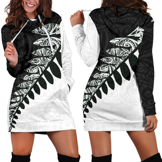 New Zealand Silver Fern Hoodie Dress Black White K4-Apparel-HD09-Hoodie Dress-S-Vibe Cosy™