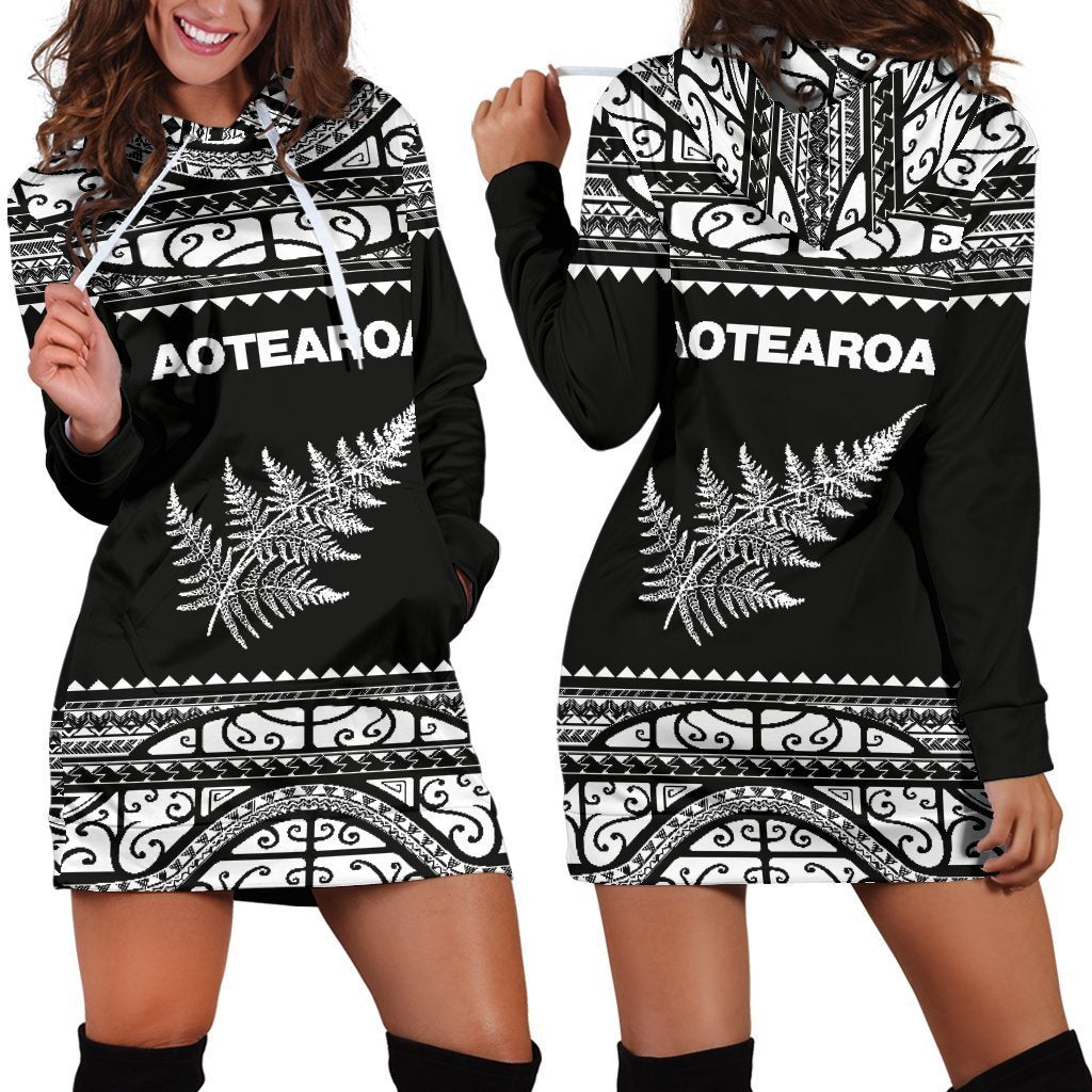 Aotearoa Silver Fern Hoodie Dress White-Apparel-HD09-Hoodie Dress-S-Vibe Cosy™