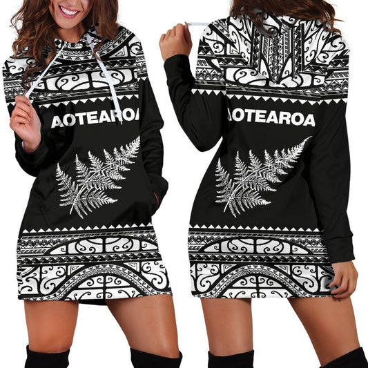 Aotearoa Silver Fern Hoodie Dress White-Apparel-HD09-Hoodie Dress-S-Vibe Cosy™