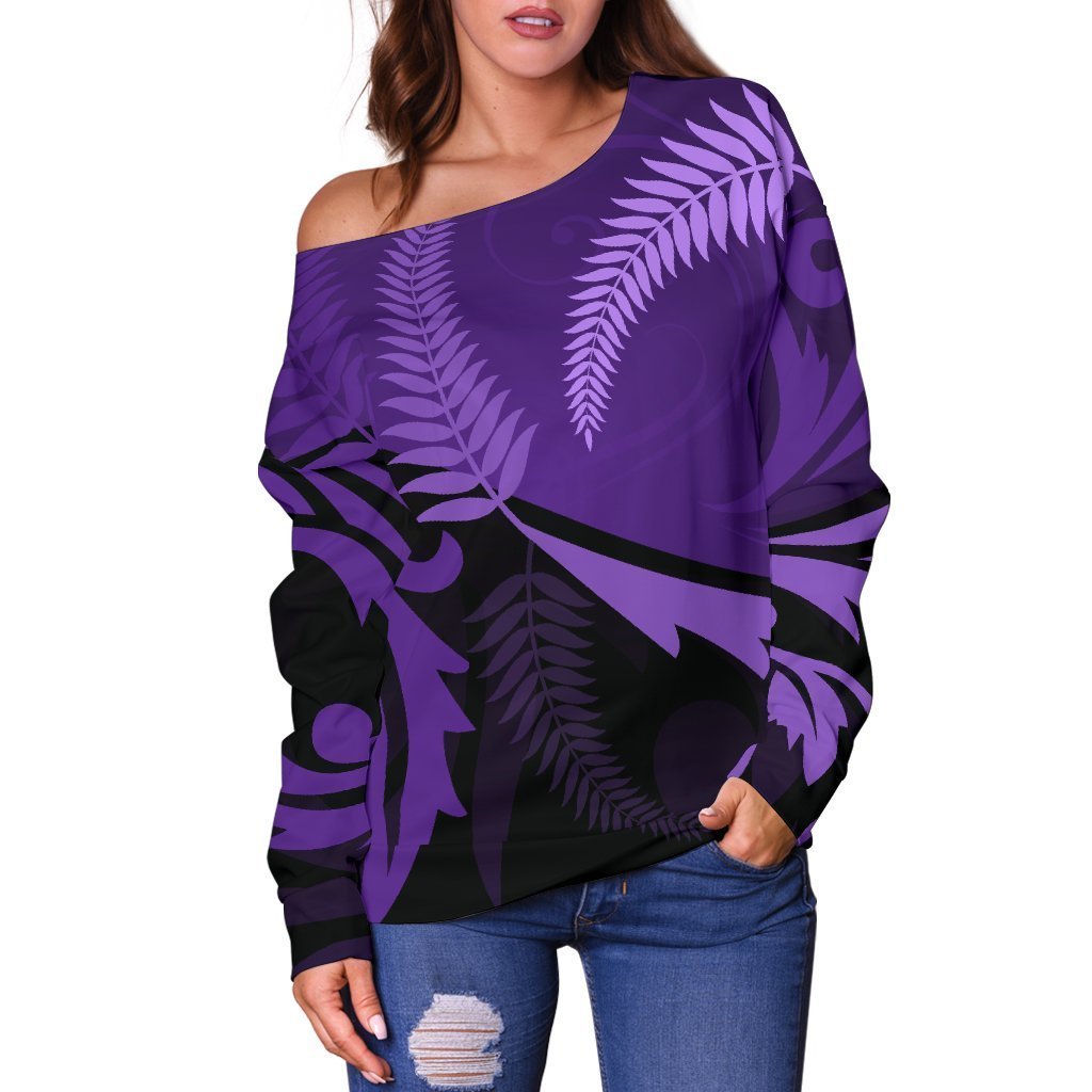 New Zealand Silver Fern Off Shoulder Sweater Purple-WOMENS OFF SHOULDER SWEATERS-HD09-Women's Off Shoulder Sweater - .-2XS-Vibe Cosy™