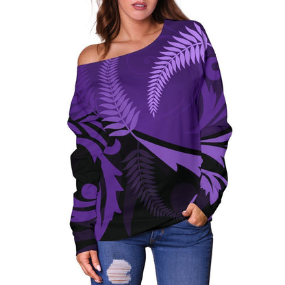 New Zealand Silver Fern Off Shoulder Sweater Purple-WOMENS OFF SHOULDER SWEATERS-HD09-Women's Off Shoulder Sweater - .-2XS-Vibe Cosy™