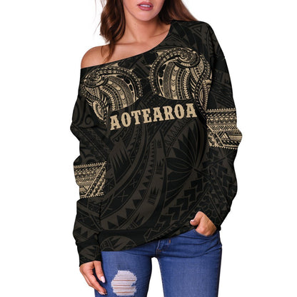 Aotearoa Maori Tattoo Off Shoulder Sweater Gold K4-WOMENS OFF SHOULDER SWEATERS-HD09-Women's Off Shoulder Sweater - .-2XS-Vibe Cosy™