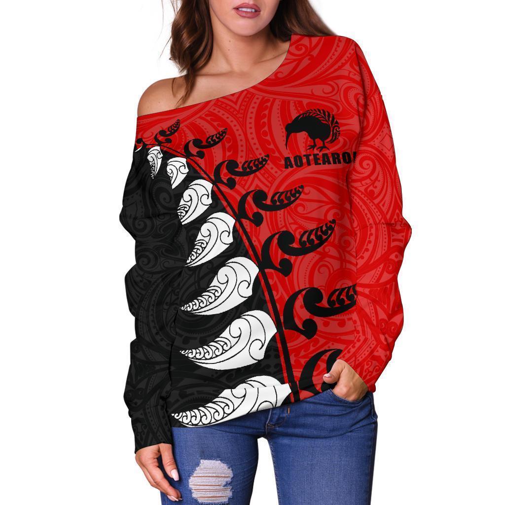 Aotearoa Silver Fern Koru Style Off Shoulder Sweater Red K4-WOMENS OFF SHOULDER SWEATERS-HD09-Women's Off Shoulder Sweater - .-2XS-Vibe Cosy™
