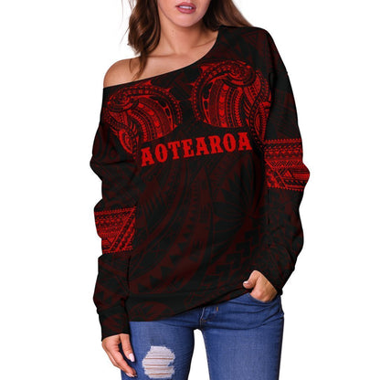 Aotearoa Maori Tattoo Off Shoulder Sweater Red K4-WOMENS OFF SHOULDER SWEATERS-HD09-Women's Off Shoulder Sweater - .-2XS-Vibe Cosy™