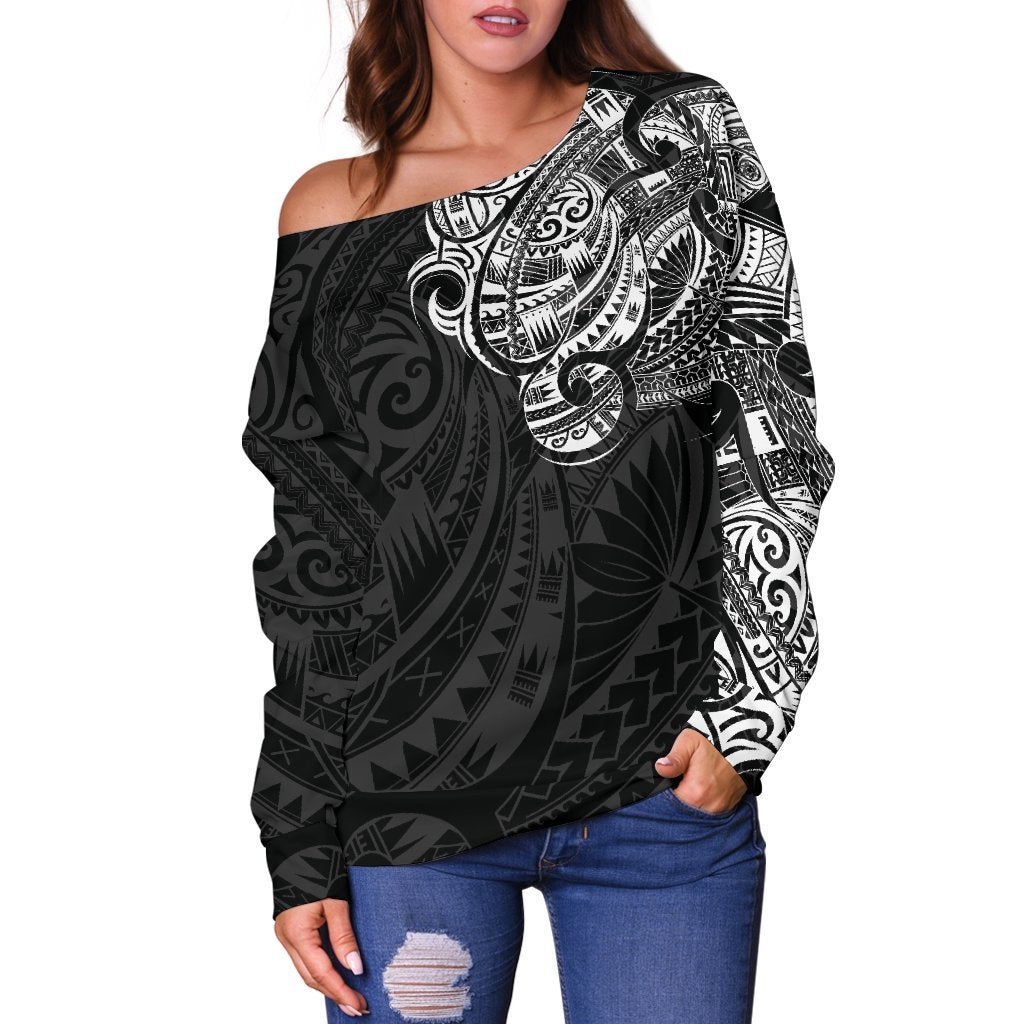 Maori Tattoo Style Off Shoulder Sweater - Golden Version A74-WOMENS OFF SHOULDER SWEATERS-HD09-Women's Off Shoulder Sweater - .-2XS-Vibe Cosy™