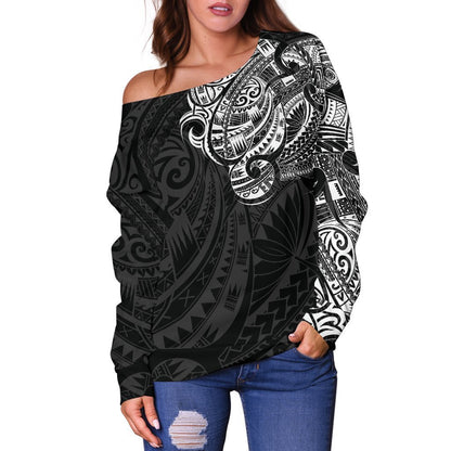 Maori Tattoo Style Off Shoulder Sweater - Golden Version A74-WOMENS OFF SHOULDER SWEATERS-HD09-Women's Off Shoulder Sweater - .-2XS-Vibe Cosy™
