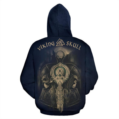 Norse Vikings - Valhalla Viking Skull Hoodie Blue-Apparel-HP Arts-Zipped Hoodie-S-Vibe Cosy™