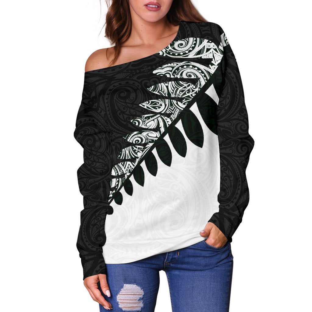 New Zealand Silver Fern Off Shoulder Sweater Black White K4-WOMENS OFF SHOULDER SWEATERS-HD09-Women's Off Shoulder Sweater - .-2XS-Vibe Cosy™
