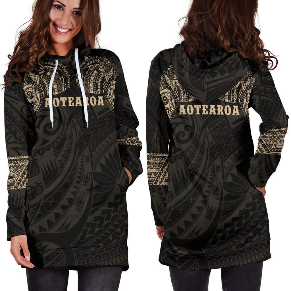 Aotearoa Maori Tattoo Hoodie Dress Gold K4-Apparel-HD09-Hoodie Dress-S-Vibe Cosy™