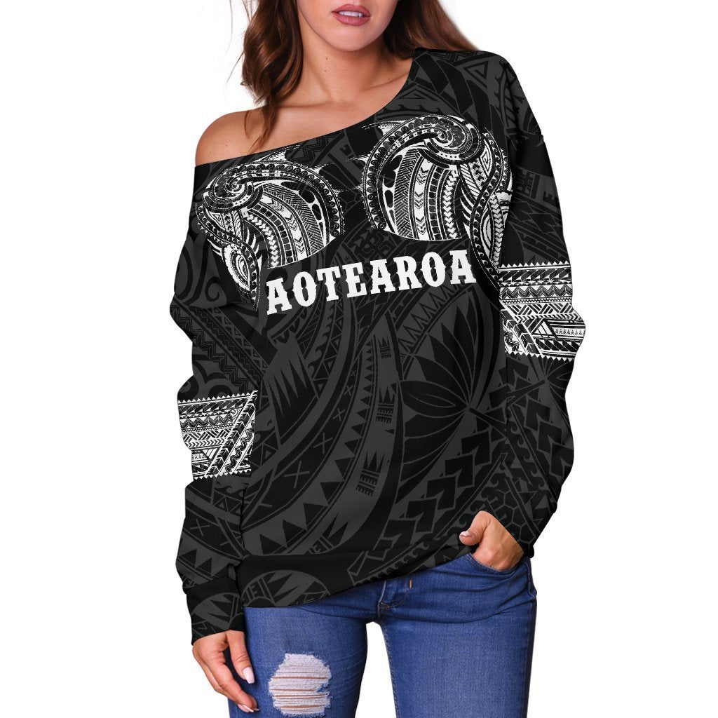 Aotearoa Maori Tattoo Off Shoulder Sweater White K4-WOMENS OFF SHOULDER SWEATERS-HD09-Women's Off Shoulder Sweater - .-2XS-Vibe Cosy™