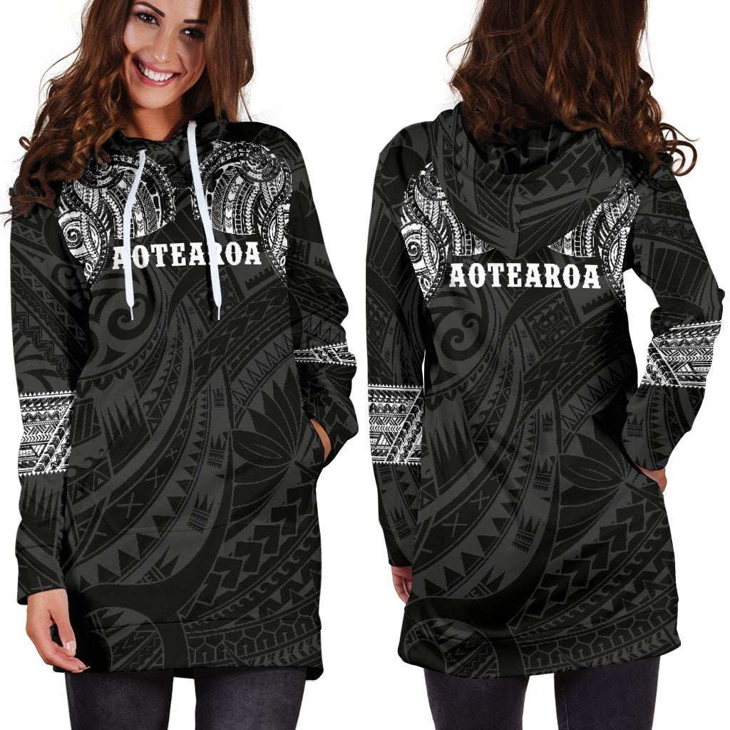 Aotearoa Maori Tattoo Hoodie Dress White K4-Apparel-HD09-Hoodie Dress-S-Vibe Cosy™