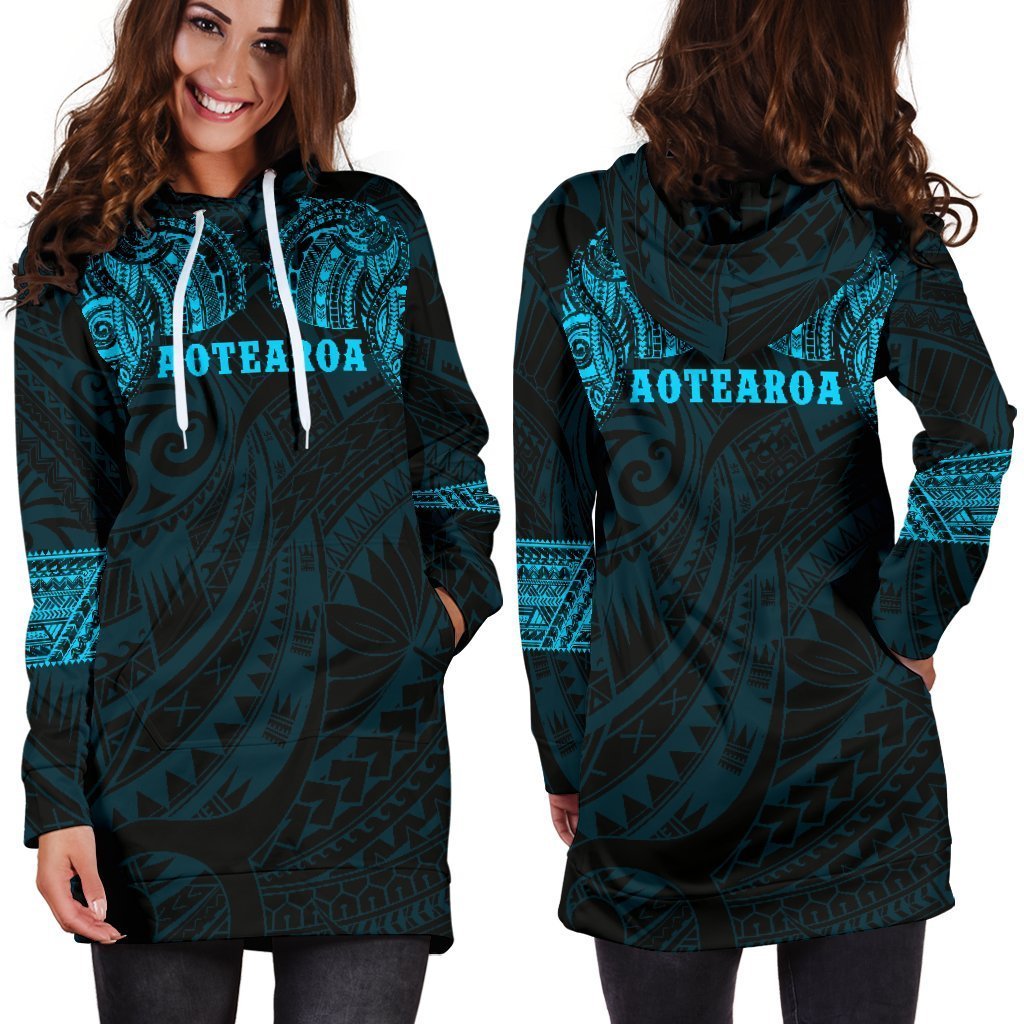 Aotearoa Maori Tattoo Hoodie Dress Blue K4-Apparel-HD09-Hoodie Dress-S-Vibe Cosy™
