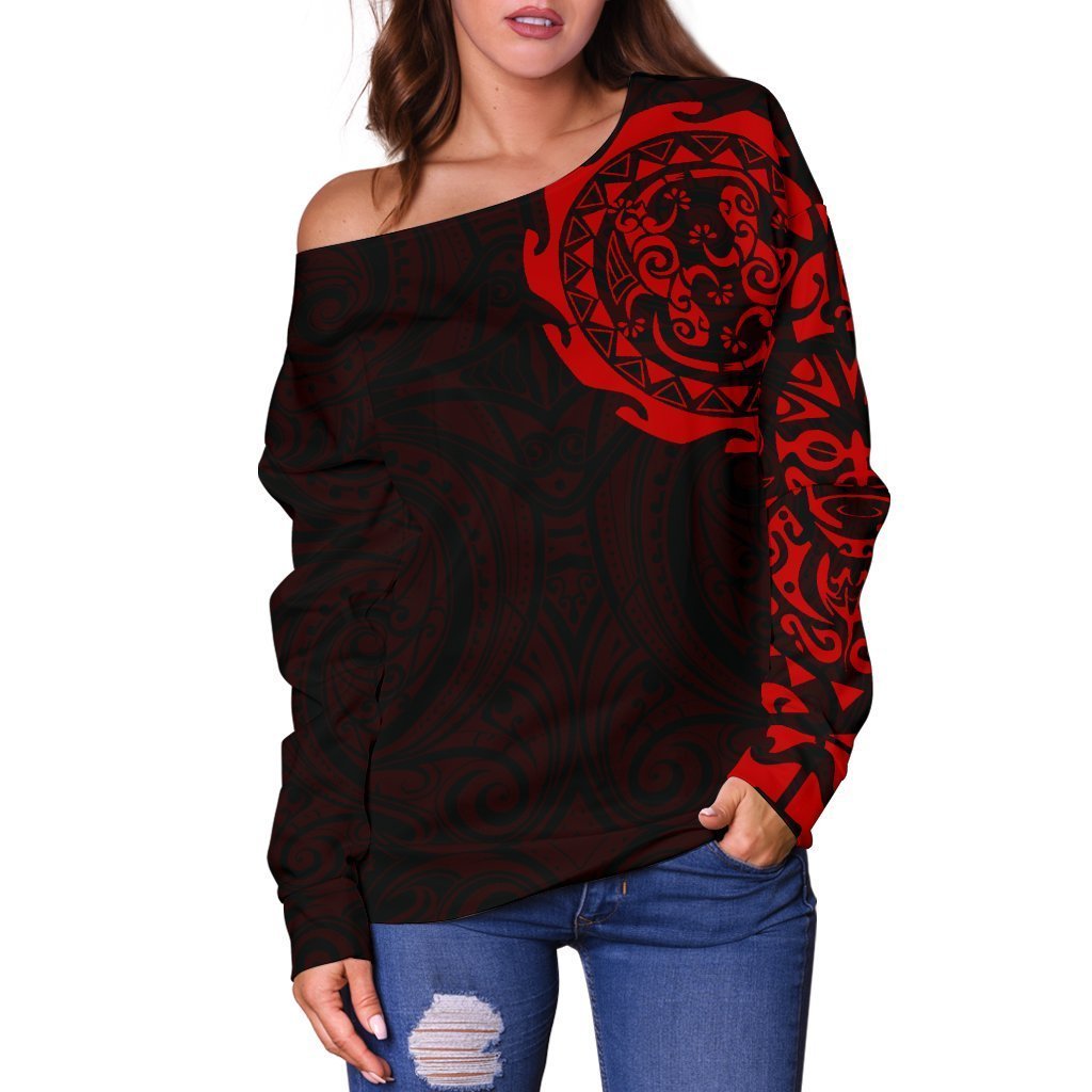 Maori Tangaroa New Zealand Off Shoulder Sweater - Red A7-WOMENS OFF SHOULDER SWEATERS-HD09-Women's Off Shoulder Sweater - .-2XS-Vibe Cosy™