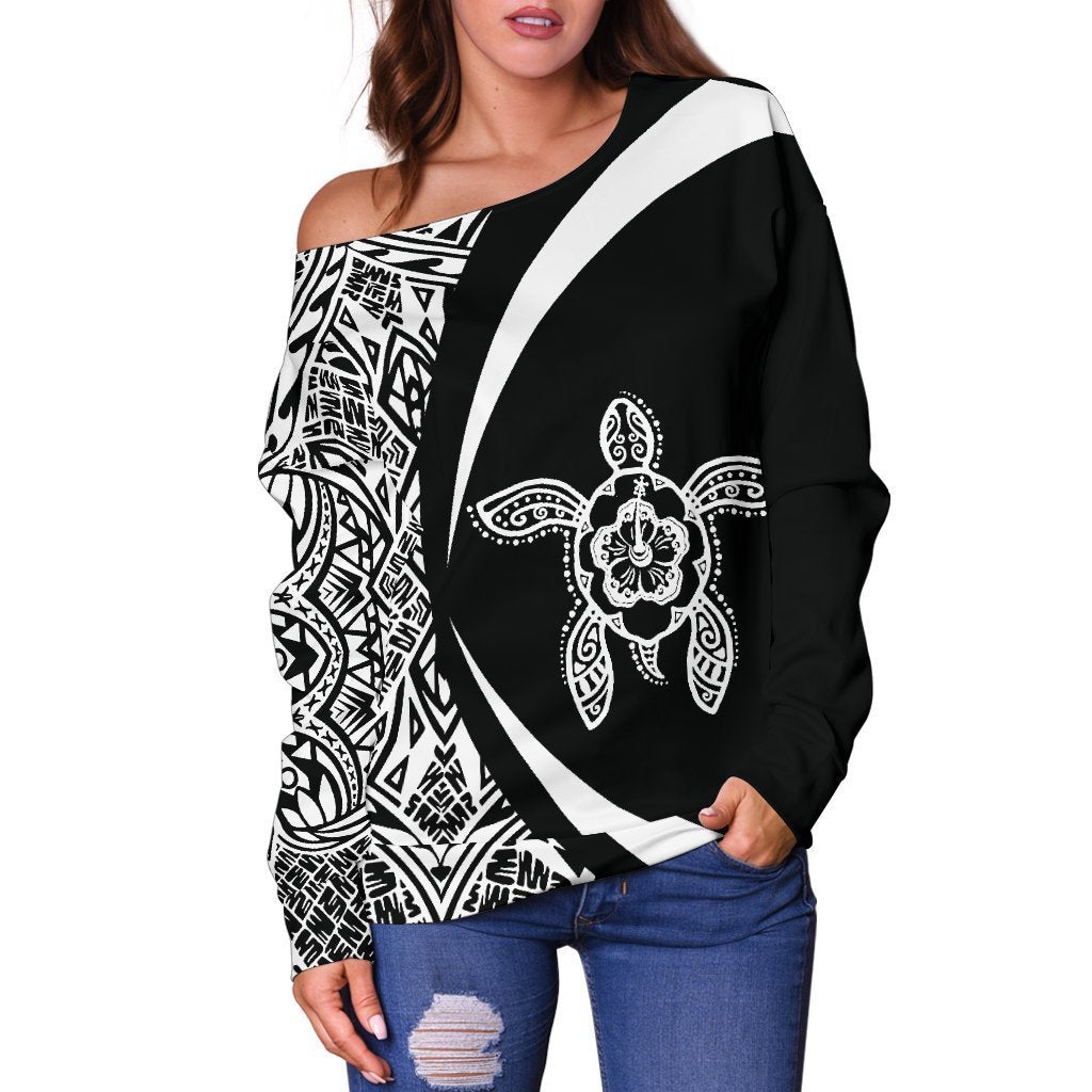 Hawaii Turtle Polynesian Women's Off Shoulder Sweater - Circle Style - AH - Whitle J9-WOMENS OFF SHOULDER SWEATERS-Phaethon-Women's Off Shoulder Sweater-2XS-White-Vibe Cosy™