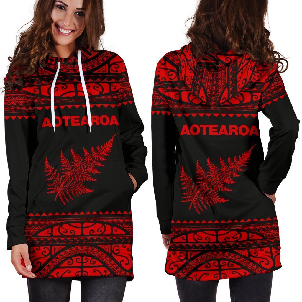 Aotearoa Silver Fern Hoodie Dress Red-Apparel-HD09-Hoodie Dress-S-Vibe Cosy™