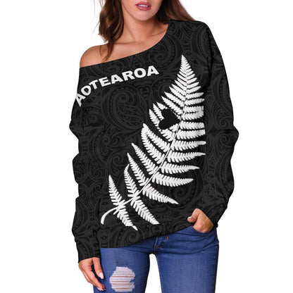 Maori Aotearoa Silver Fern - Heart Version Off Shoulder Sweater K2-WOMENS OFF SHOULDER SWEATERS-HD09-Women's Off Shoulder Sweater - .-2XS-Vibe Cosy™