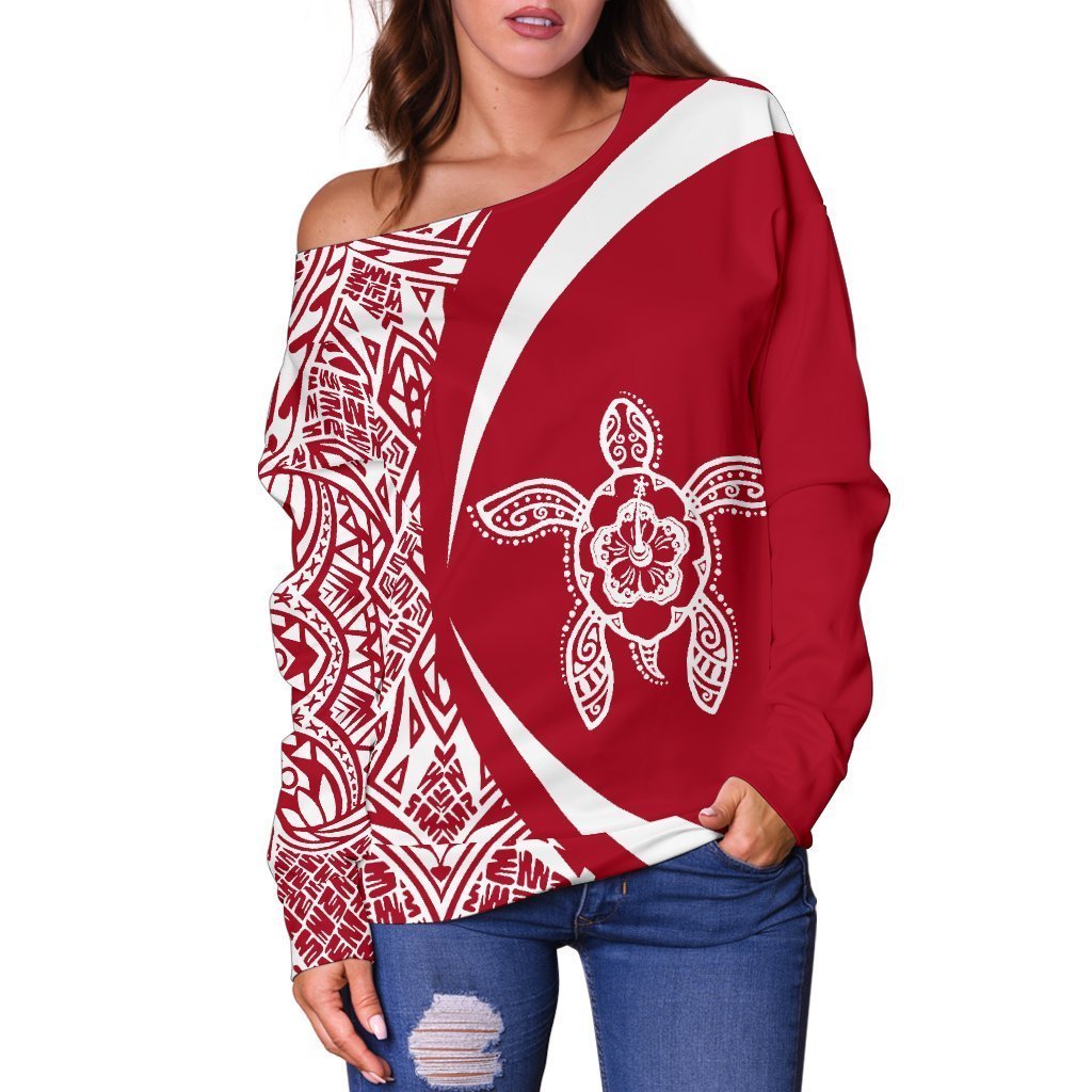 Hawaii Turtle Polynesian Women's Off Shoulder Sweater - Circle Style - AH - Red J9-WOMENS OFF SHOULDER SWEATERS-Phaethon-Women's Off Shoulder Sweater-2XS-White-Vibe Cosy™