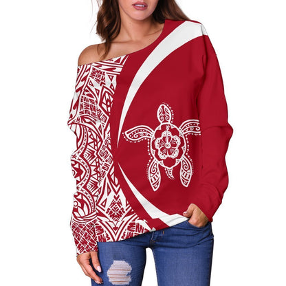 Hawaii Turtle Polynesian Women's Off Shoulder Sweater - Circle Style - AH - Red J9-WOMENS OFF SHOULDER SWEATERS-Phaethon-Women's Off Shoulder Sweater-2XS-White-Vibe Cosy™