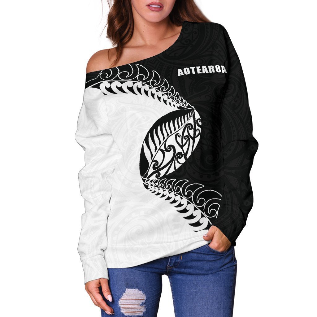 Aotearoa Rugby Fern Off Shoulder Sweater Black White K4-WOMENS OFF SHOULDER SWEATERS-HD09-Women's Off Shoulder Sweater - .-2XS-Vibe Cosy™