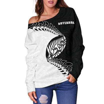 Aotearoa Rugby Fern Off Shoulder Sweater Black White K4-WOMENS OFF SHOULDER SWEATERS-HD09-Women's Off Shoulder Sweater - .-2XS-Vibe Cosy™