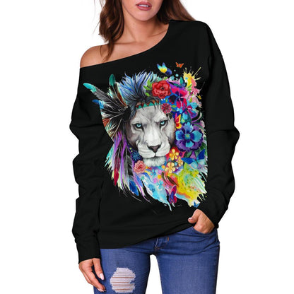 Floral Feather Lion (Black) - Women's Off Shoulder Sweater-Amaze Style™-Women's Off Shoulder Sweater - Floral Feather Lion (Black) - Women's Off Shoulder Sweater-2XS-Vibe Cosy™
