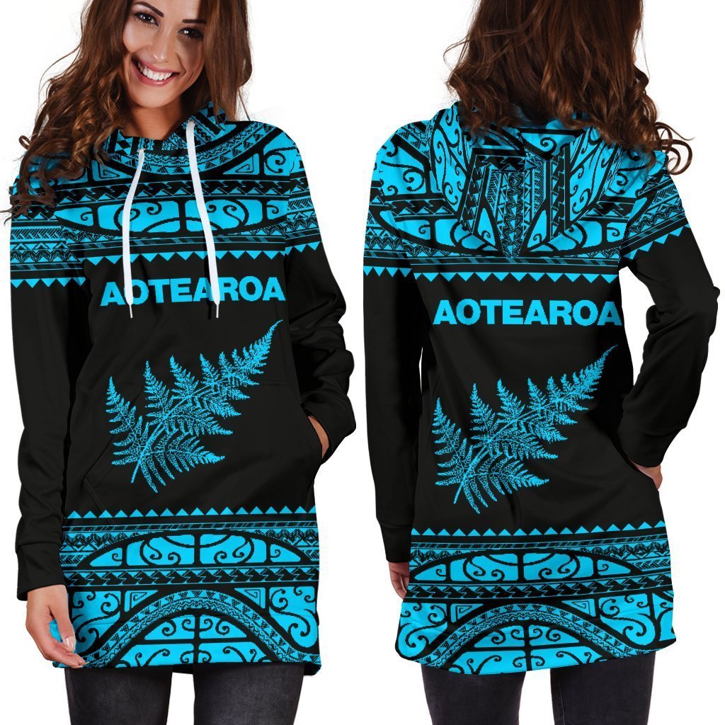 Aotearoa Silver Fern Hoodie Dress Blue-Apparel-HD09-Hoodie Dress-S-Vibe Cosy™