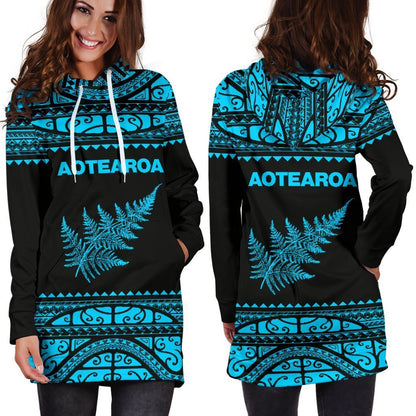 Aotearoa Silver Fern Hoodie Dress Blue-Apparel-HD09-Hoodie Dress-S-Vibe Cosy™