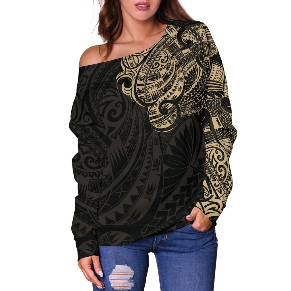 Maori Tattoo Style Off Shoulder Sweater - White Version A74-WOMENS OFF SHOULDER SWEATERS-HD09-Women's Off Shoulder Sweater - .-2XS-Vibe Cosy™