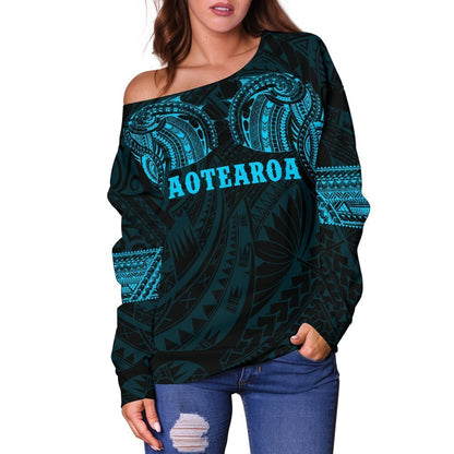 Aotearoa Maori Tattoo Off Shoulder Sweater Blue K4-WOMENS OFF SHOULDER SWEATERS-HD09-Women's Off Shoulder Sweater - .-2XS-Vibe Cosy™