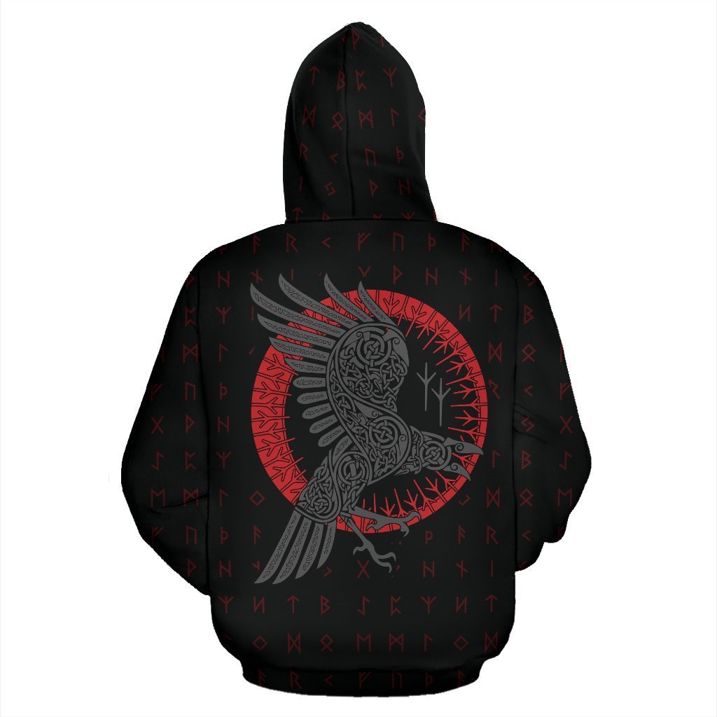 Viking Odin's Raven Old Runes Style Zip-Up Hoodie A7-ALL OVER PRINT ZIP HOODIES (P)-HP Arts-Zip-Up Hoodie-S-Black and Red-Vibe Cosy™