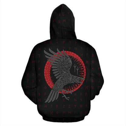 Viking Odin's Raven Old Runes Style Zip-Up Hoodie A7-ALL OVER PRINT ZIP HOODIES (P)-HP Arts-Zip-Up Hoodie-S-Black and Red-Vibe Cosy™