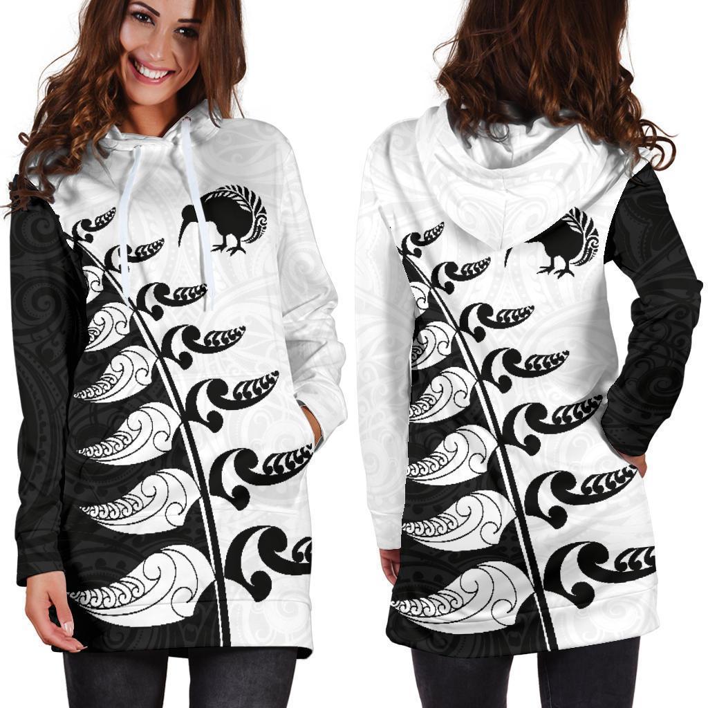 Aotearoa Silver Fern Koru Style Hoodie Dress Black White K4-Apparel-HD09-Hoodie Dress-S-Vibe Cosy™