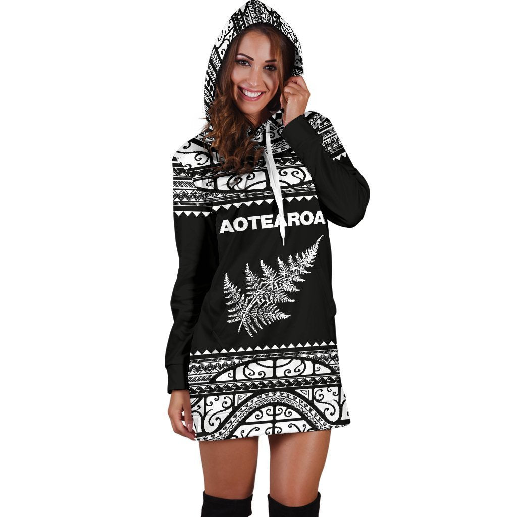 Aotearoa Silver Fern Hoodie Dress White-Apparel-HD09-Hoodie Dress-S-Vibe Cosy™