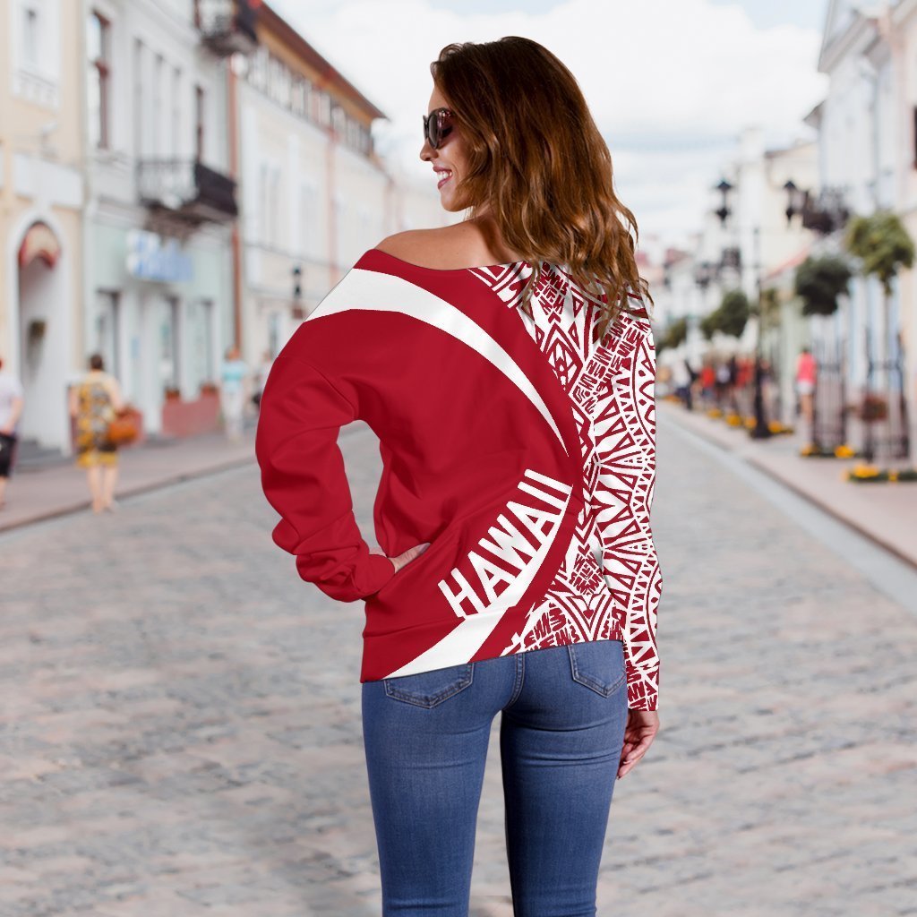 Hawaii Turtle Polynesian Women's Off Shoulder Sweater - Circle Style - AH - Red J9-WOMENS OFF SHOULDER SWEATERS-Phaethon-Women's Off Shoulder Sweater-2XS-White-Vibe Cosy™