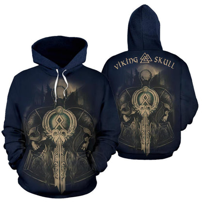 Norse Vikings - Valhalla Viking Skull Hoodie Blue-Apparel-HP Arts-Hoodie-S-Vibe Cosy™