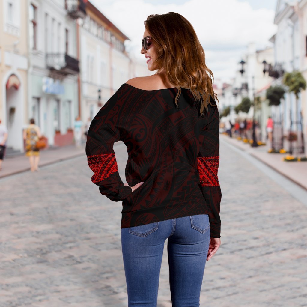 Aotearoa Maori Tattoo Off Shoulder Sweater Red K4-WOMENS OFF SHOULDER SWEATERS-HD09-Women's Off Shoulder Sweater - .-2XS-Vibe Cosy™