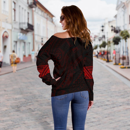 Aotearoa Maori Tattoo Off Shoulder Sweater Red K4-WOMENS OFF SHOULDER SWEATERS-HD09-Women's Off Shoulder Sweater - .-2XS-Vibe Cosy™