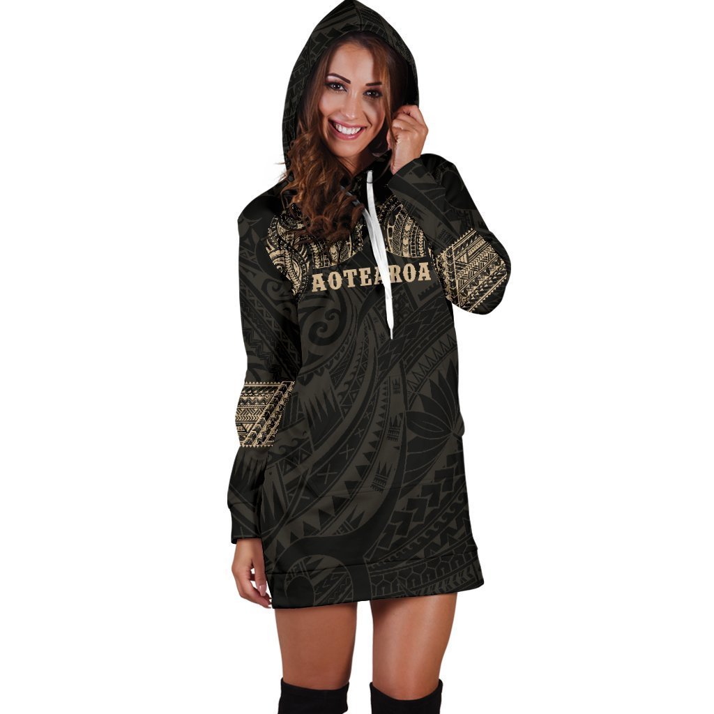 Aotearoa Maori Tattoo Hoodie Dress Gold K4-Apparel-HD09-Hoodie Dress-S-Vibe Cosy™