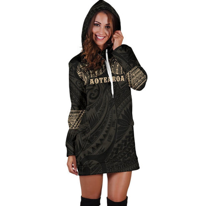 Aotearoa Maori Tattoo Hoodie Dress Gold K4-Apparel-HD09-Hoodie Dress-S-Vibe Cosy™
