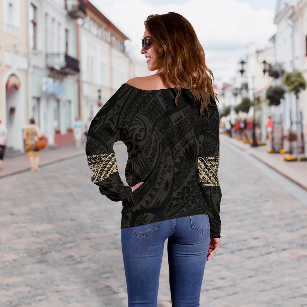 Aotearoa Maori Tattoo Off Shoulder Sweater Gold K4-WOMENS OFF SHOULDER SWEATERS-HD09-Women's Off Shoulder Sweater - .-2XS-Vibe Cosy™