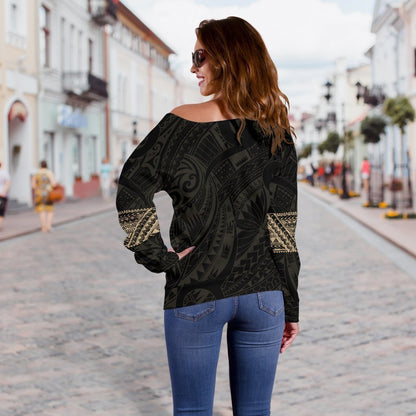 Aotearoa Maori Tattoo Off Shoulder Sweater Gold K4-WOMENS OFF SHOULDER SWEATERS-HD09-Women's Off Shoulder Sweater - .-2XS-Vibe Cosy™